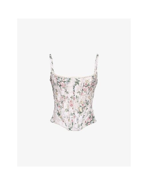 House Of Cb White Cadie Ribbon-Print Cotton Corset Top