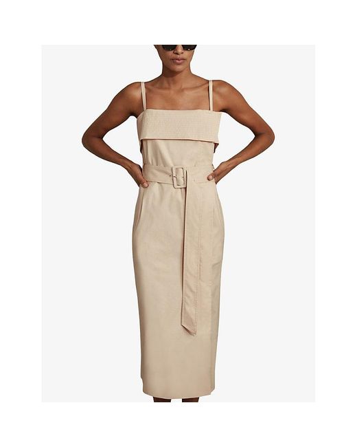 Reiss Natural Dhalia Straight-neck Belted Stretch-cotton Midi Dress