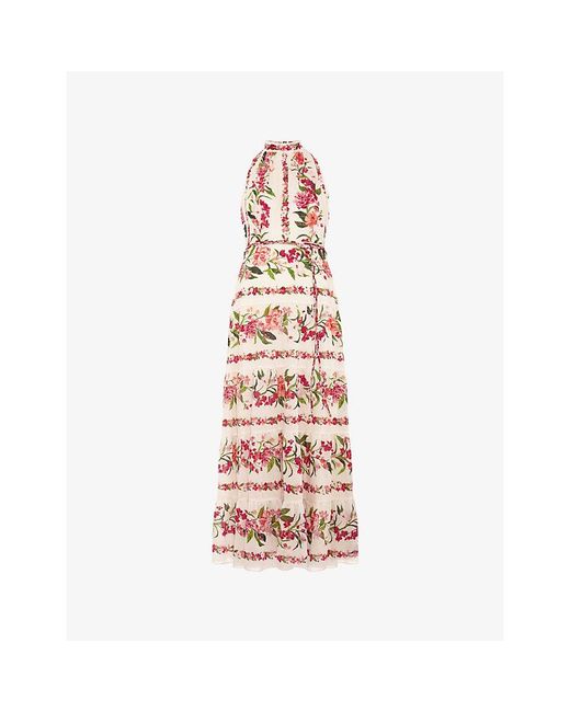 Phase Eight Pink Nita Floral-Print Linen-Blend Midi Dress