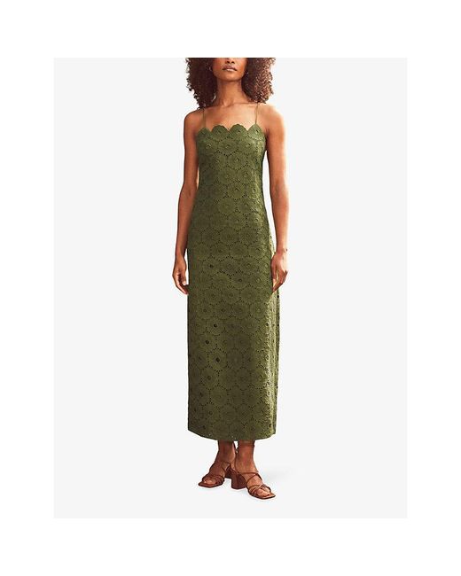 Ro&zo Green Broderie Tie-Shoulder Cotton Midi Dress