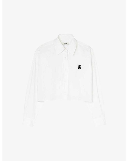 Sandro White Logo-embroidered Cropped Cotton Shirt