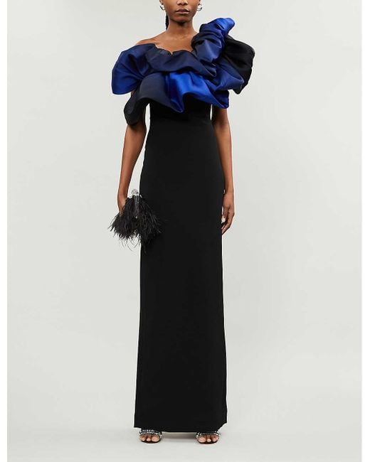 Solace London Black Cairns One-shoulder Ruffled Ombré Satin And Stretch-crepe Gown