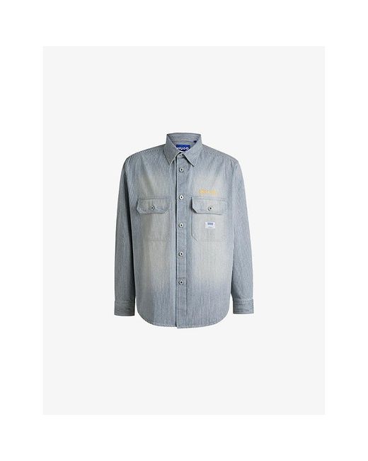 HUGO Blue Brand-Patch Striped Cotton Shirt for men