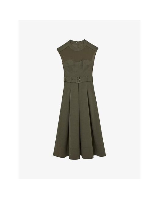 Reiss Green Ava Belted-Waist Stretch-Woven Midi Dress