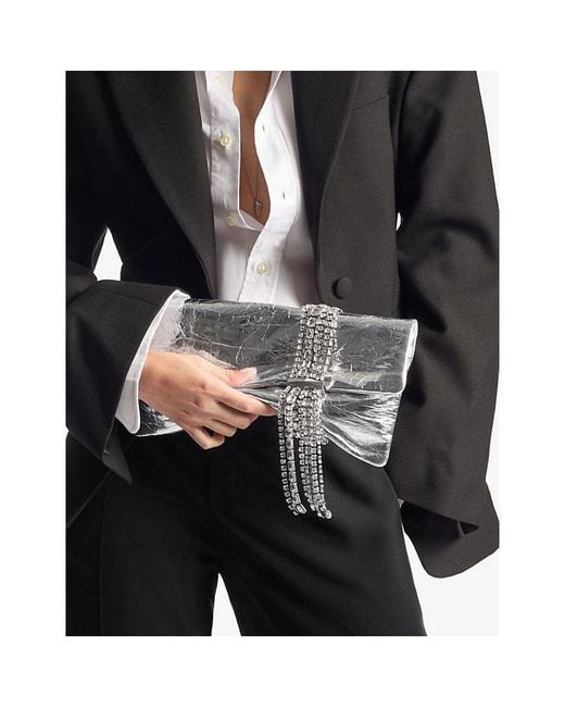 Jimmy Choo White Zandra Crystal-Embellished Metallic-Leather Clutch Bag