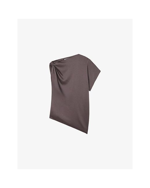 Reiss Brown Kezia Draped One-Shoulder Satin Top