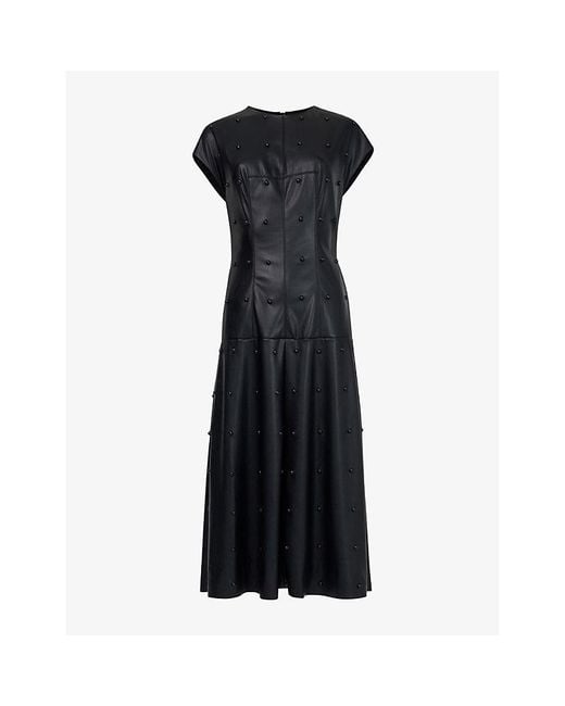 eem Black Stud-Embellished Flared-Hem Faux-Leather Maxi Dress