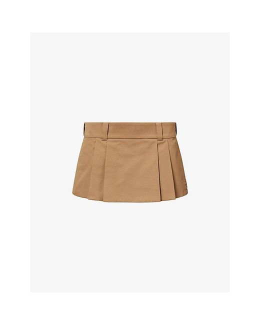 Miu Miu Natural Logo-Embroidered Pleated Cotton Mini Skirt