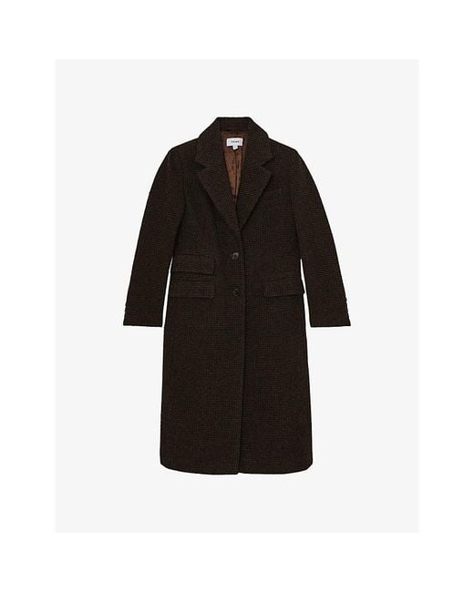Reiss Black Kai Houndstooth Single-Breasted Wool-Blend Coat