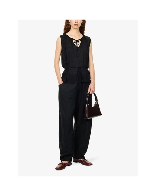 Peachy Den Blue Courtney Barrel-Leg Cotton-Blend Trousers