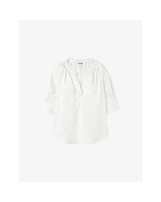 Claudie Pierlot White Tunisian-Collar Short-Sleeve Woven Blouse
