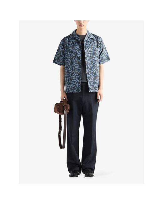 Prada Blue Printed Cotton Bowling Shirt for men