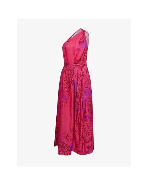 Reiss Pink Mila Paisley-print One-shoulder Woven Midi Dress