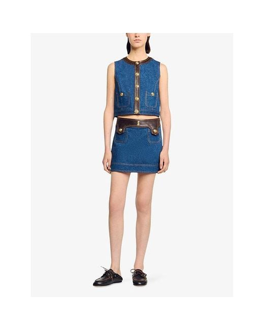 Sandro Blue Leather-Trim Button-Down Denim Top