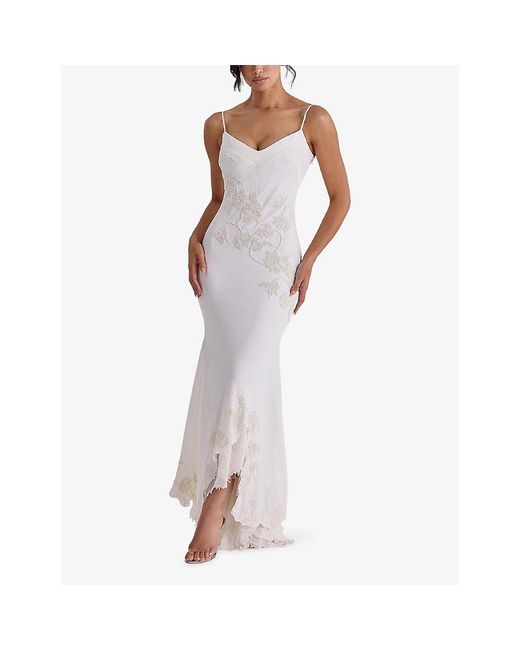 House Of Cb White Anastelle Bead-Embellished Satin Bridal Gown Xs (A-C Cup)