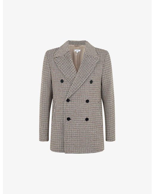 Reiss Gray Albert Dogtooth Double-breasted Wool Coat for men