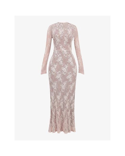 House Of Cb Pink Isoline Long-Sleeved Lace Maxi Dress