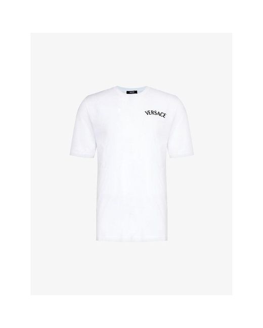 Versace White Logo-embroidered Crewneck Cotton-jersey T-shirt for men