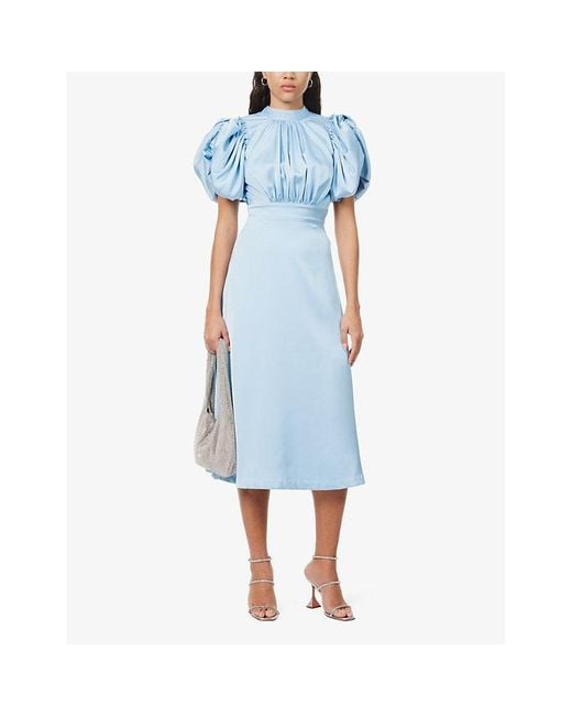 ROTATE BIRGER CHRISTENSEN Blue Puff-sleeve Pleated Satin Midi Dress