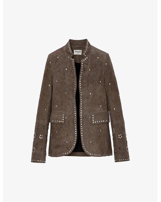 Zadig & Voltaire Very Daim Studdetail Leather Blazer in Brown Lyst