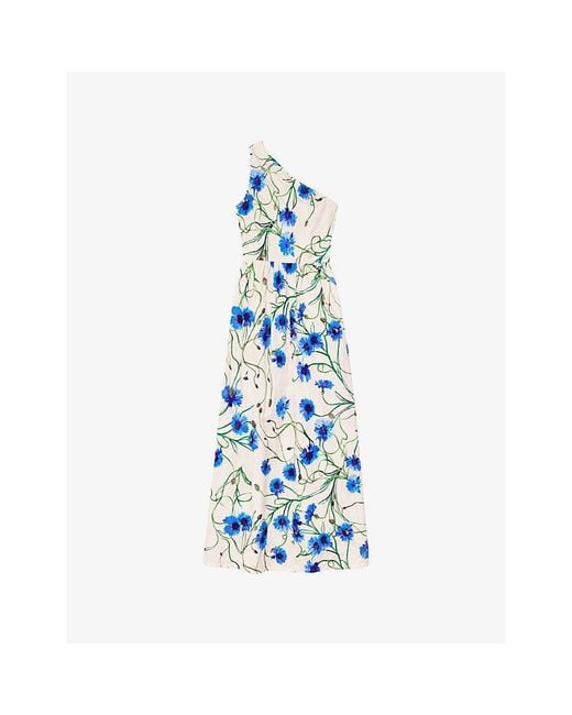 Ro&zo Blue Aubrey Floral One-Shoulder Stretch-Cotton Midi Dress