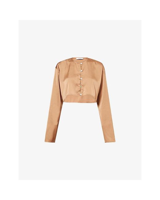 HYPHEN White Long-Sleeve Cropped Satin Top