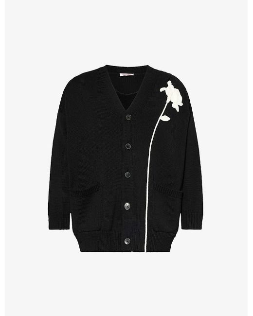 Valentino Black Floral-motif V-neck Cotton Cardigan for men