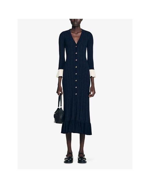 Sandro Blue V-Neck Contrast-Cuff Knitted Midi Dress