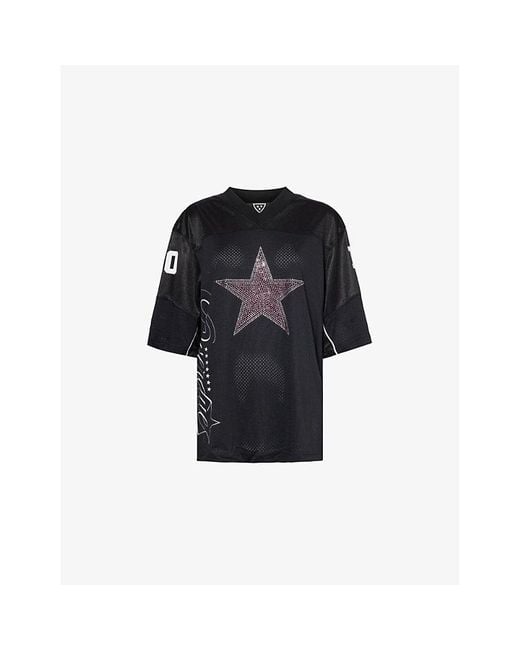 Jaded London Black Team Spirit Football Rhinestone-Star-Print Woven T-Shirt