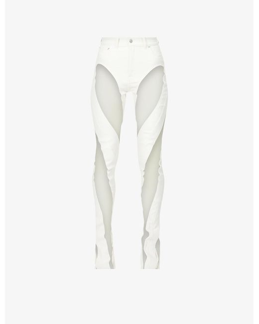Mugler White Sheer-panel Skinny Mid-rise Stretch-denim Jeans