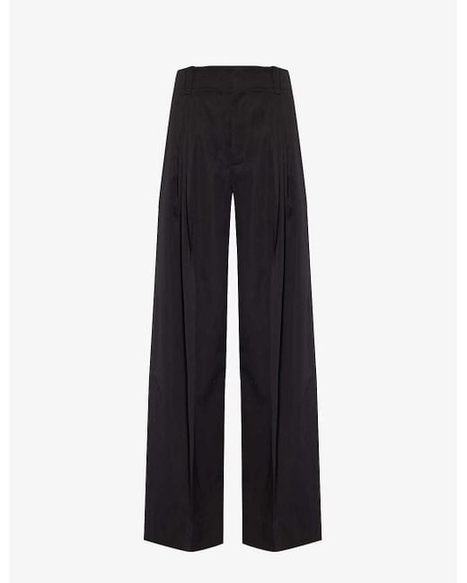 Bottega Veneta Black Pleated Wide-leg High-rise Cotton-blend Trousers