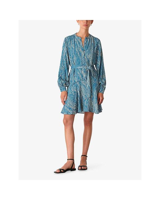 Whistles Blue Zebra-Print Tie-Waist Woven Mini Dress