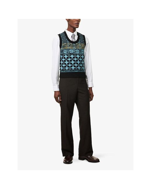 Dries Van Noten Green Mahoba Intarsia-Knit Wool Vest for men