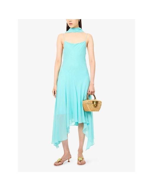 De La Vali Blue Komi Asymmetric-Hem Tulle Midi Dress