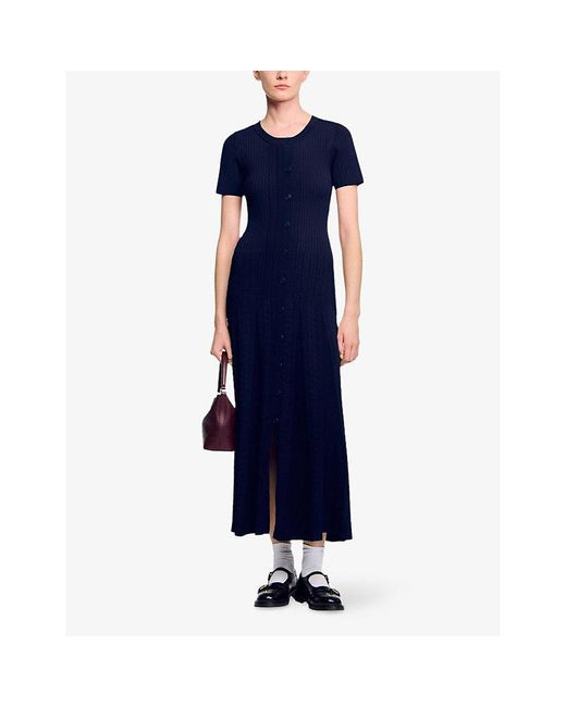 Sandro Blue Round-Neck Button-Down Stretch-Knit Maxi Dress