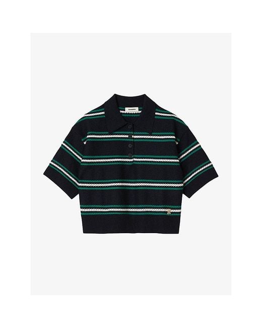 Sandro Green Stripe Polo-Neck Knitted Top