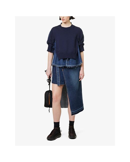 Sacai Blue Wraparound-panel Denim Midi Skirt X