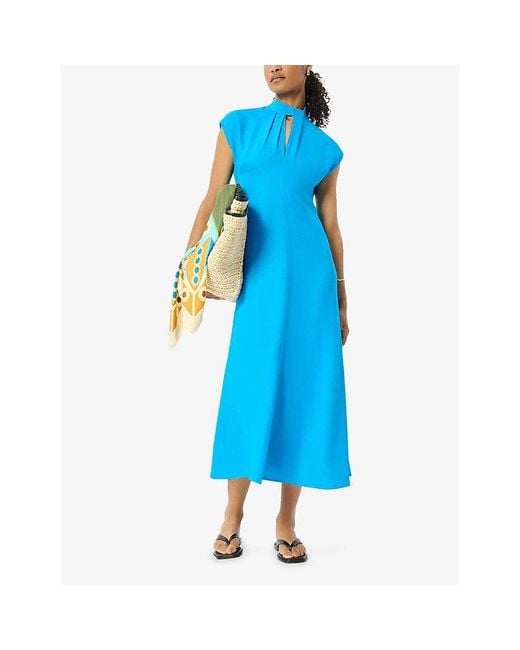 Whistles Blue Twist-Neck Cap-Sleeved Crepe Midi Dress