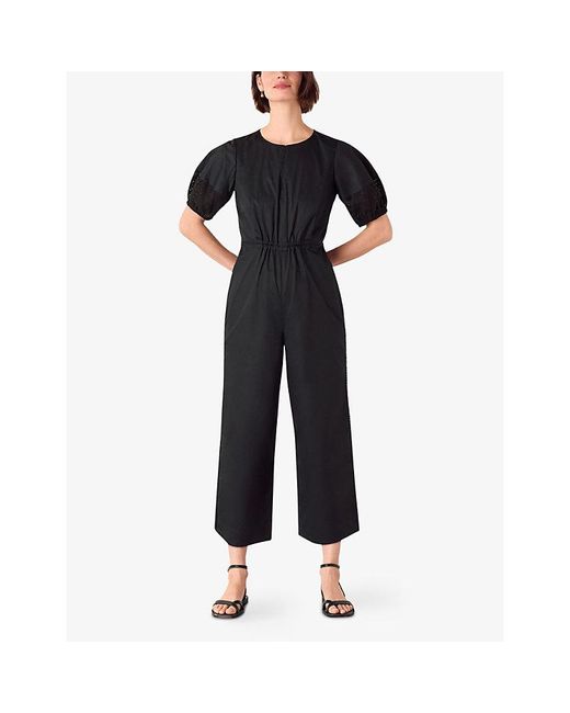 Whistles Black Broderie-Trim Square-Neck Cotton-Poplin Jumpsuit