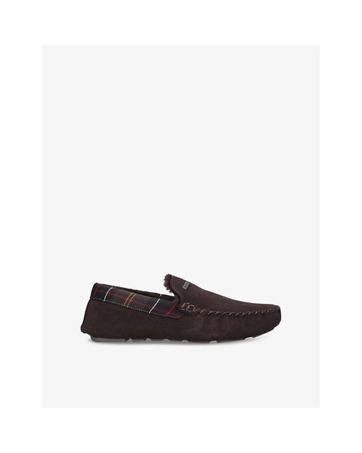 Barbour Black Monty Faux-Shearling Lined Tartan-Check Suede Slippers for men