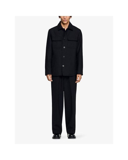 Sandro Black Patch-Pocket Relaxed-Fit Woven Overshirt for men