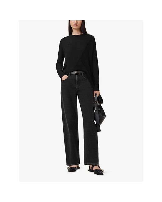 AllSaints Black Isla Crewneck Asymmetric-Hem Merino-Wool Jumper