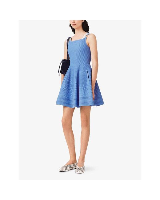 Maje Blue Square-Neck Ribbed Knitted Mini Dress
