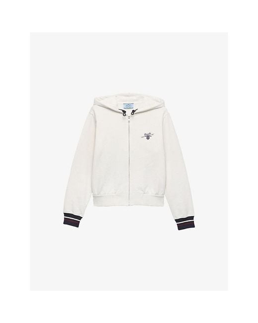 Prada White Brand-Print Zip-Up Cotton Hoodie