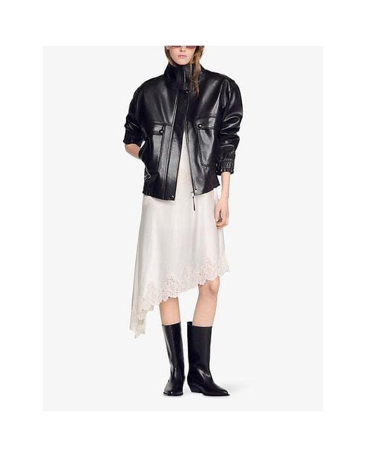 Sandro Black Oversized Stand-Collar Leather Jacket