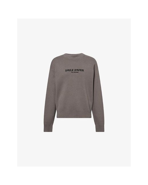 Daily Paper Gray Velvet-Branding Crewneck Cotton-Knit Jumper for men