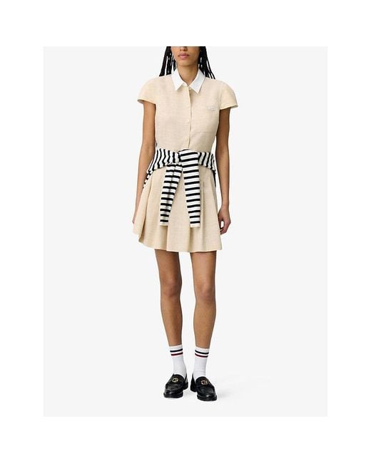 Claudie Pierlot Natural Logo-Embroidered Contrast-Collar Pleated Woven Mini Dress