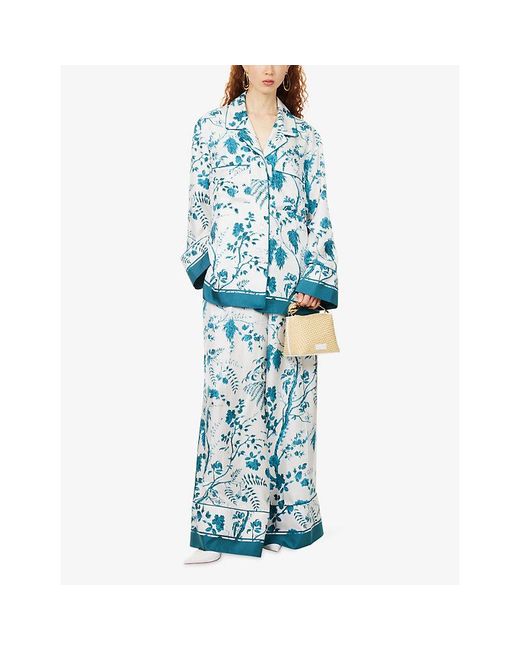 Erdem Blue Botanical-Print Silk-Twill Pyjama Shirt