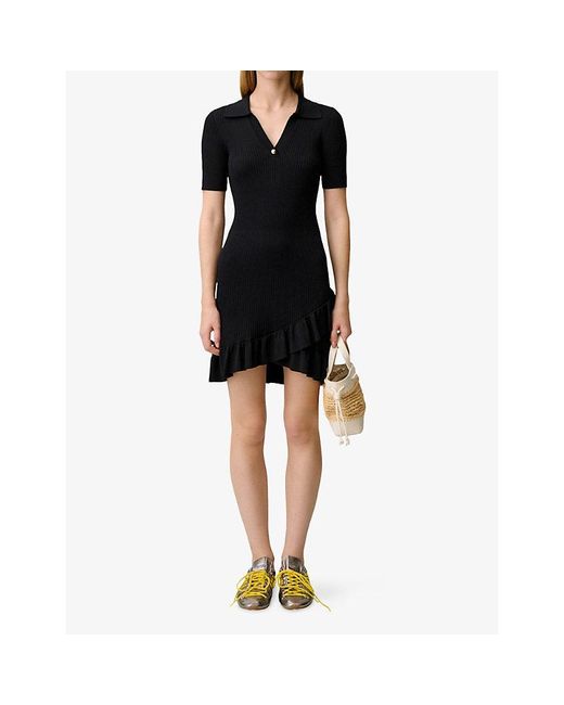 Claudie Pierlot Black V-Neck Ribbed Knitted Mini Dress