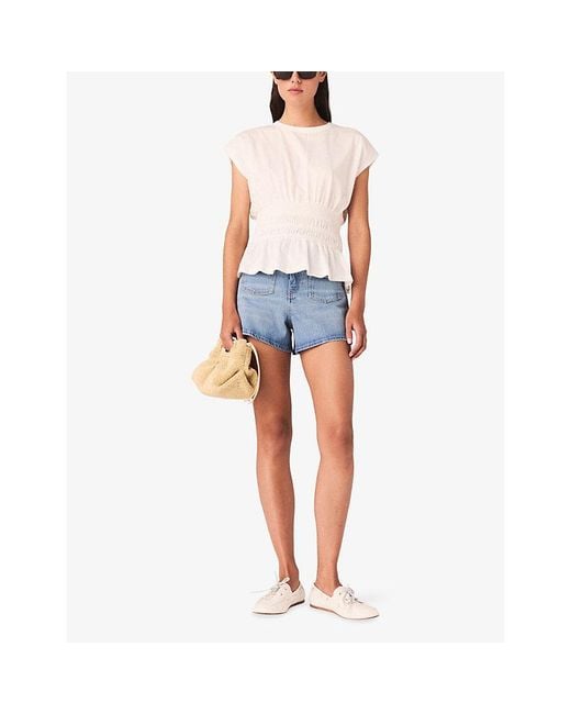 Maje White Short-Sleeved Smocked-Waist Cotton T-Shirt